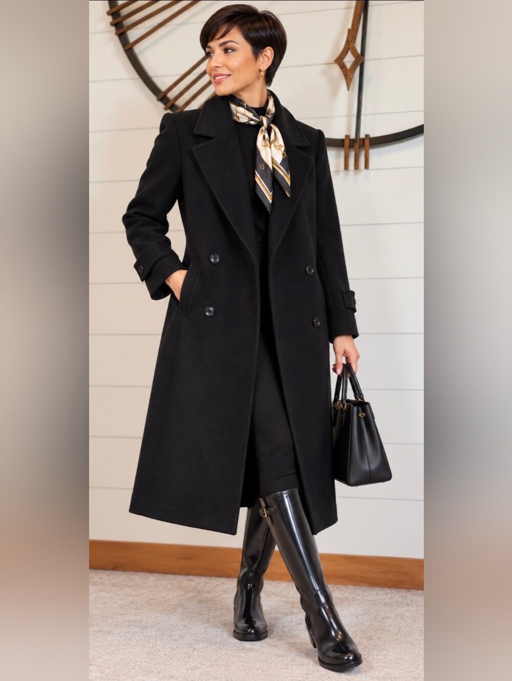 Vintage Evan-Picone Double Breasted Black Wool Overcoat